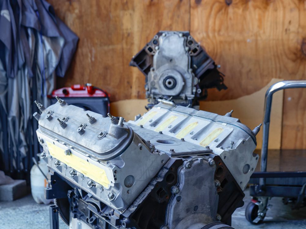 GM V8 long block on an engine stand during engine repair in North Little Rock, Arkansas