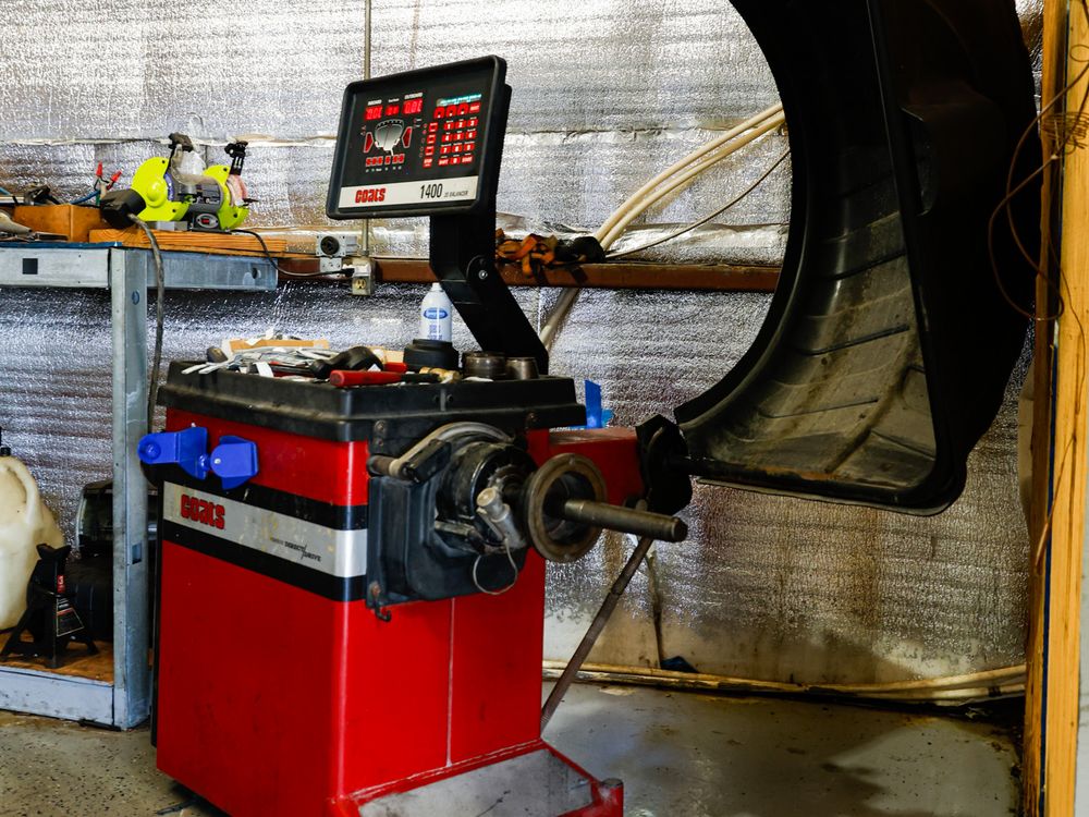 Wheel balancing machine with a tire mounted for tire service in North Little Rock, Arkansas